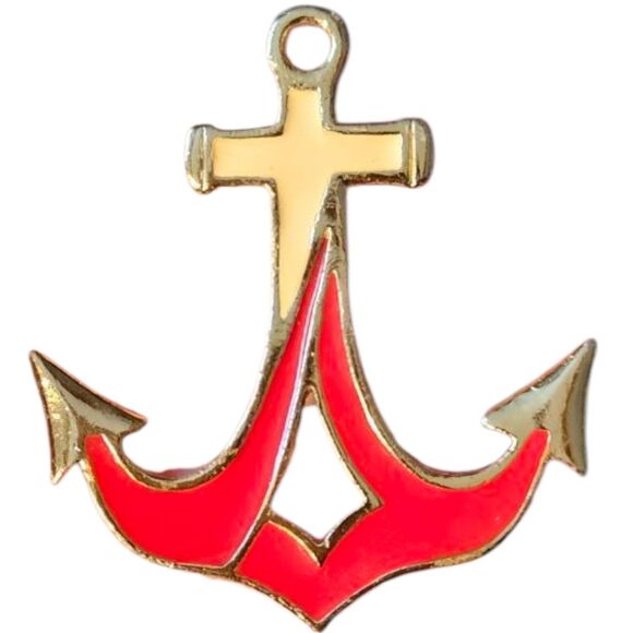 Vintage Gold Red White Anchor Enamel Pin Painted Metal Nautical Brooch Pendant - Picture 1 of 3